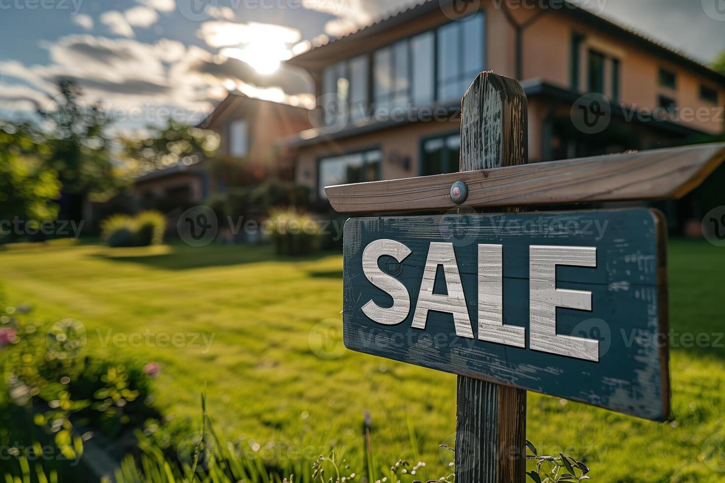 ai généré maison avec une vente signe dans de face de le maison. réel biens concept. photo