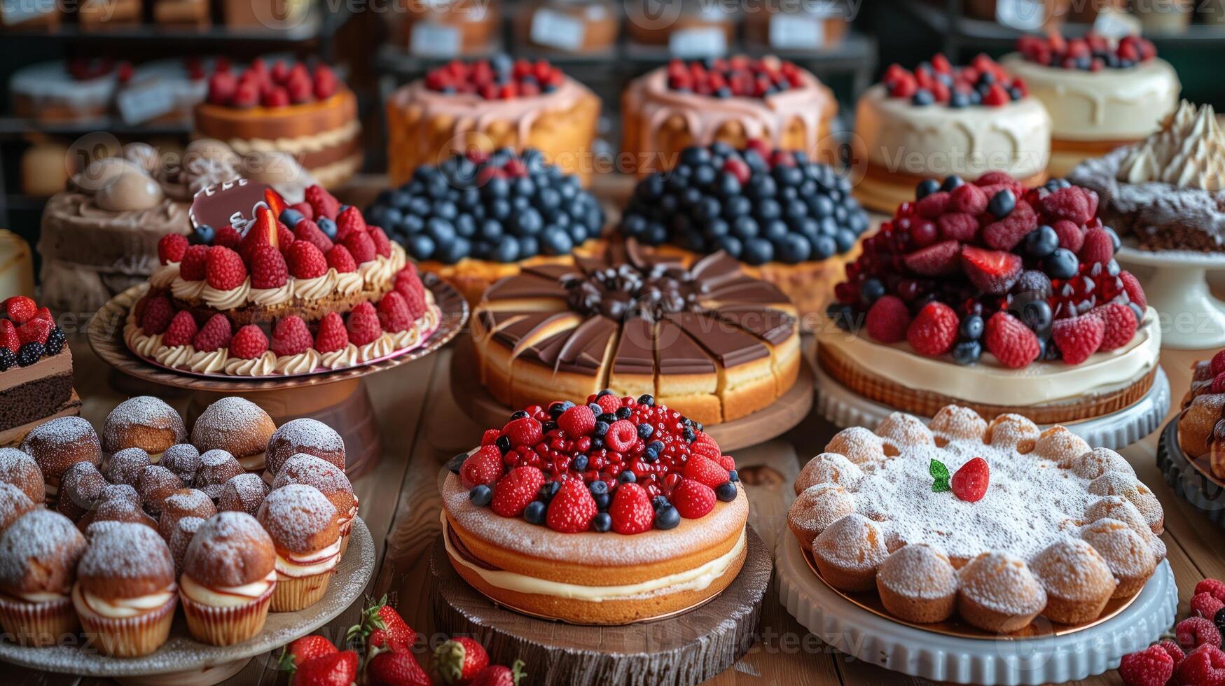 ai généré différent fruit Gâteaux sur une en bois table photo