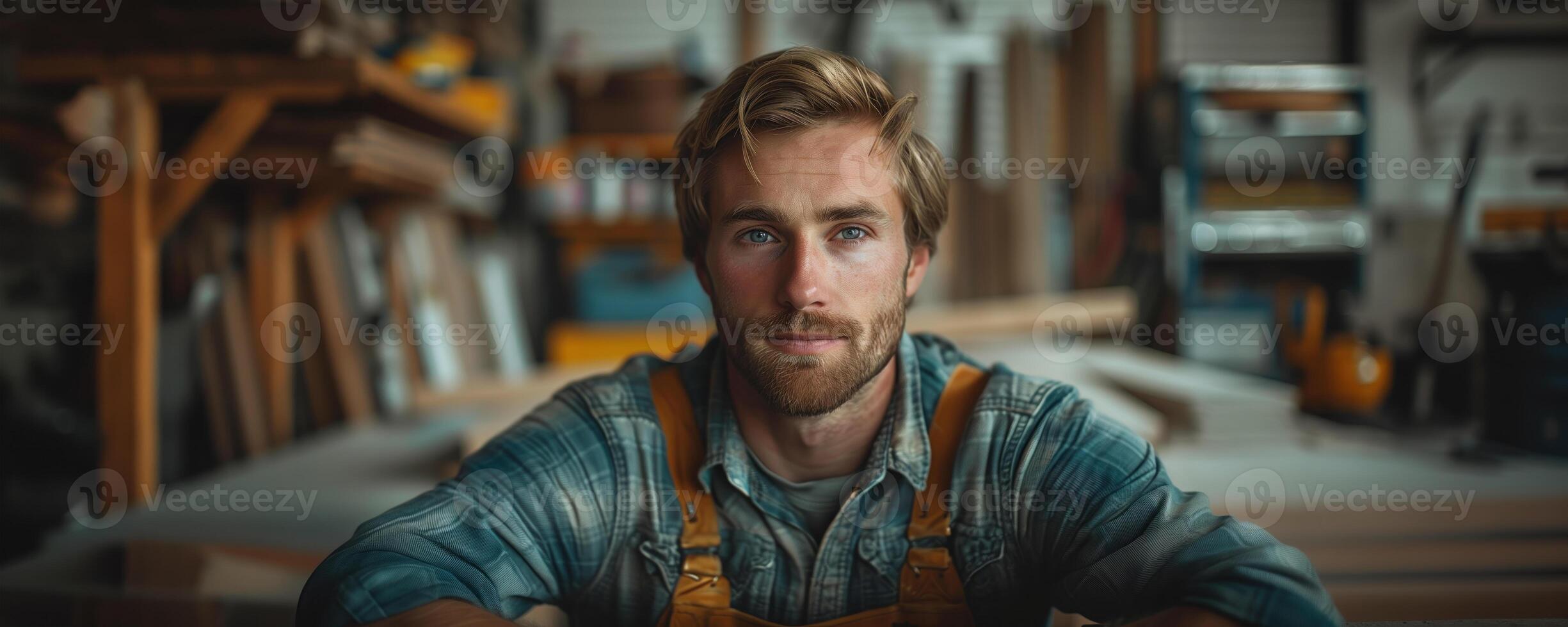 ai généré portrait de Beau Charpentier dans le sien charpenterie atelier photo