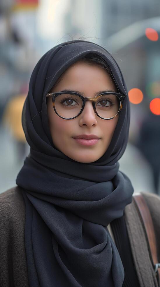 ai généré magnifique Jeune musulman femme portant des lunettes et hijab photo