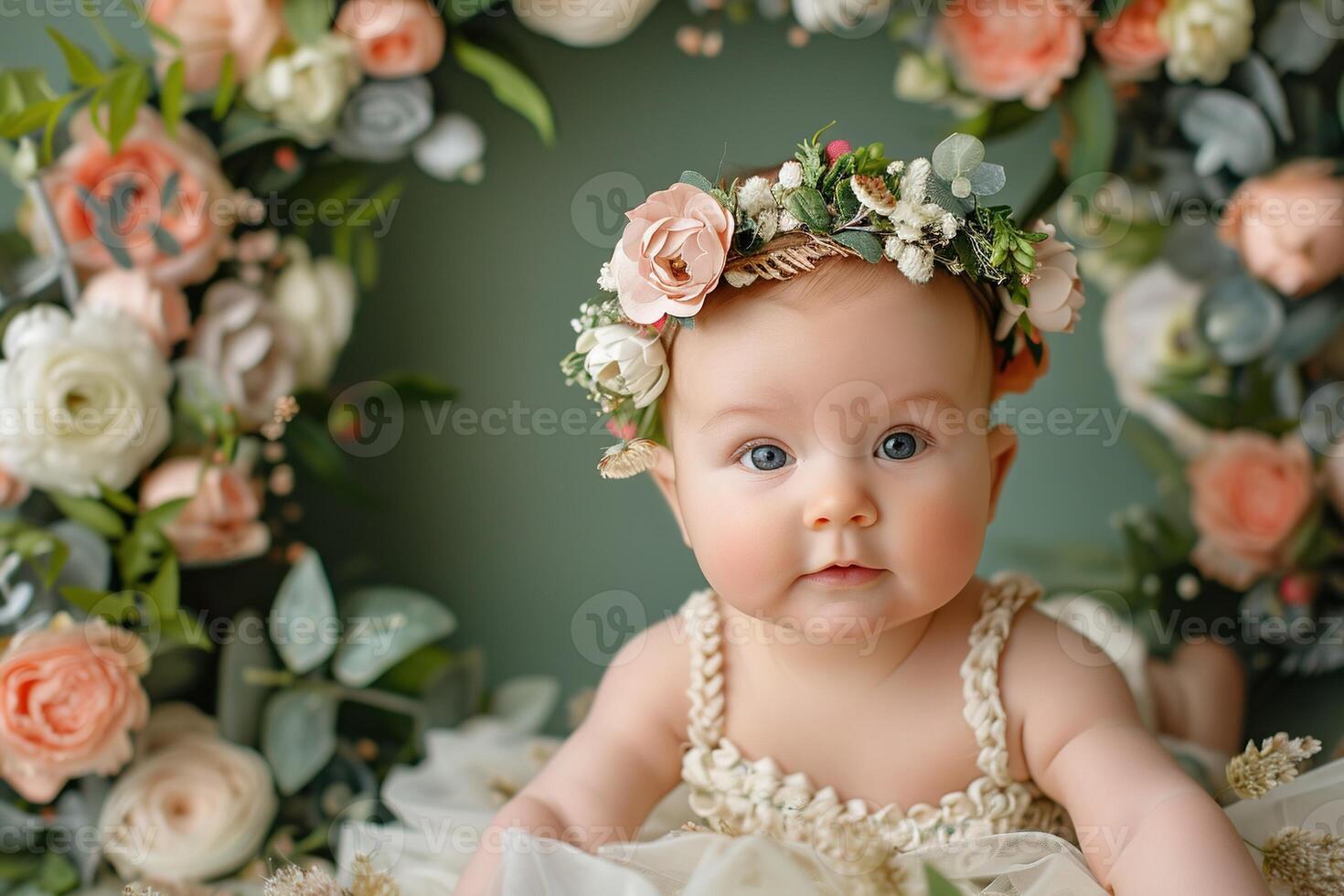 ai généré magnifique effronté Humain enfant avec bleu yeux et blond cheveux et une floral couronne parmi fleurs avec une rond floral Cadre dans le Contexte photo