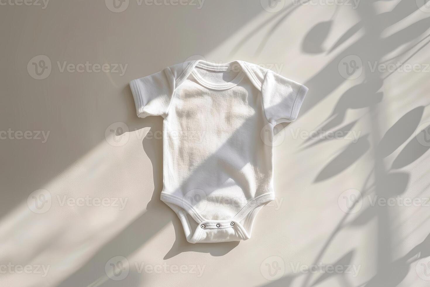 ai généré disposition plat allonger blanc bébé chemise le maillot de corps, sur blanc Contexte avec feuilles ombre. maquette pour conception et placement de logos photo