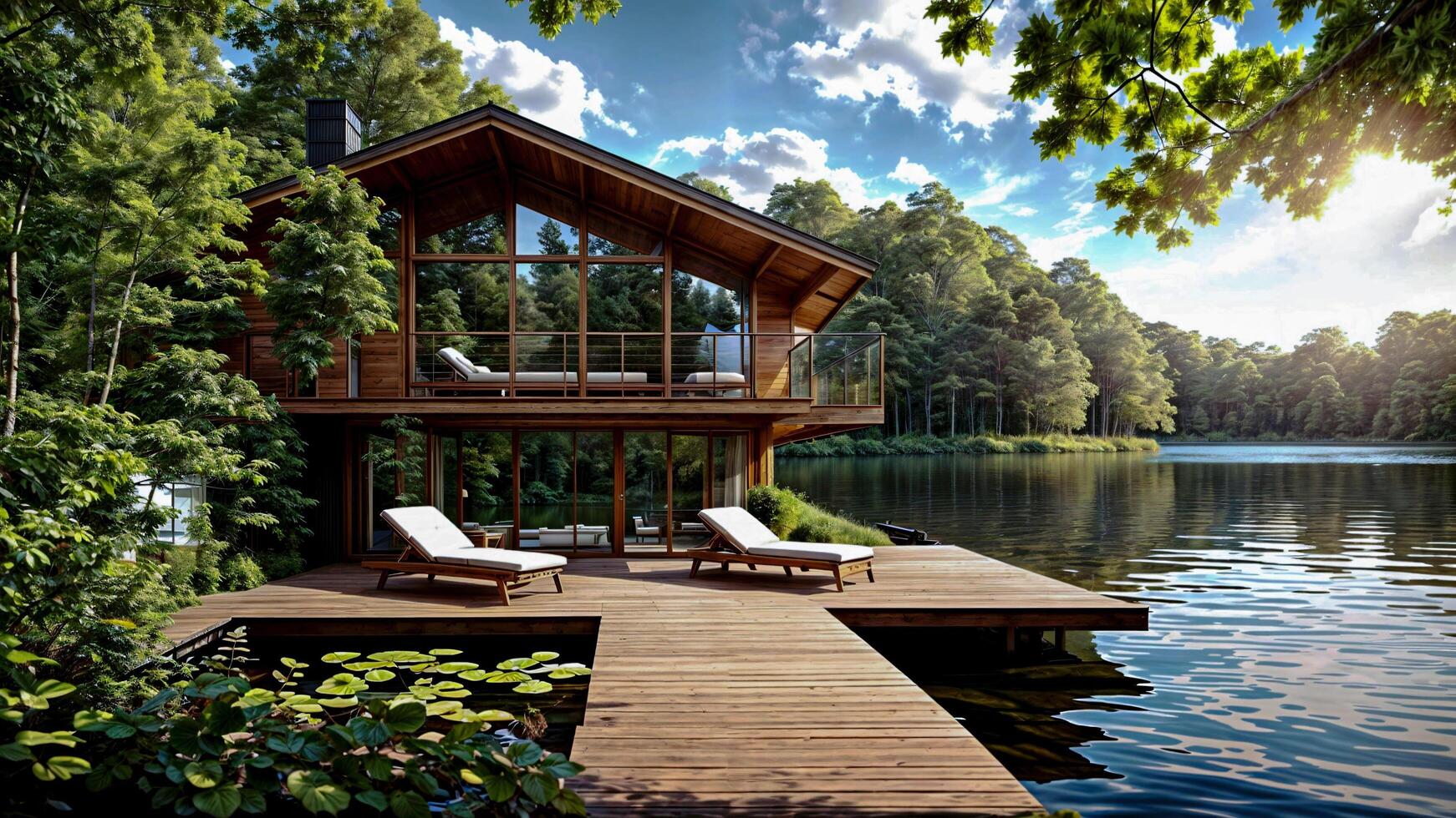 ai généré moderne en bois Lac maison avec serein Lac vue et panoramique la nature avec luxuriant verdure photo