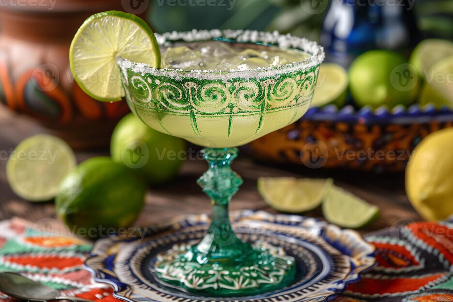 ai généré de fête Margarita verre orné avec citron vert tranches et sel jante photo