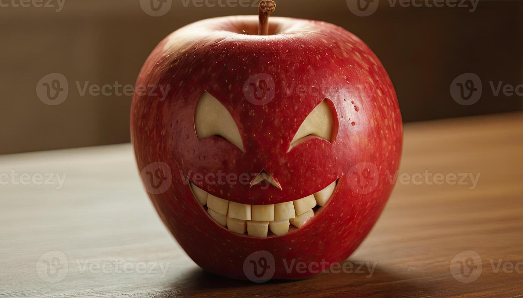 ai généré Pomme mal souriant - sculpté mal sourire sur pomme, en bois surface, intérieur éclairage. photo