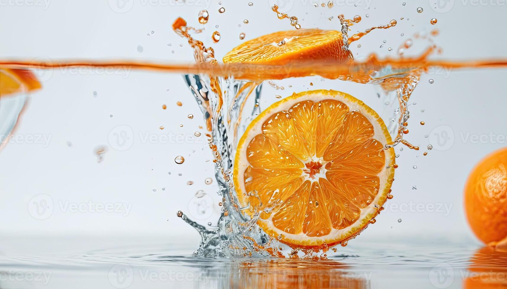 ai généré Orange tranches dans l'eau lisse surface. brillant droit sur humide surface photo