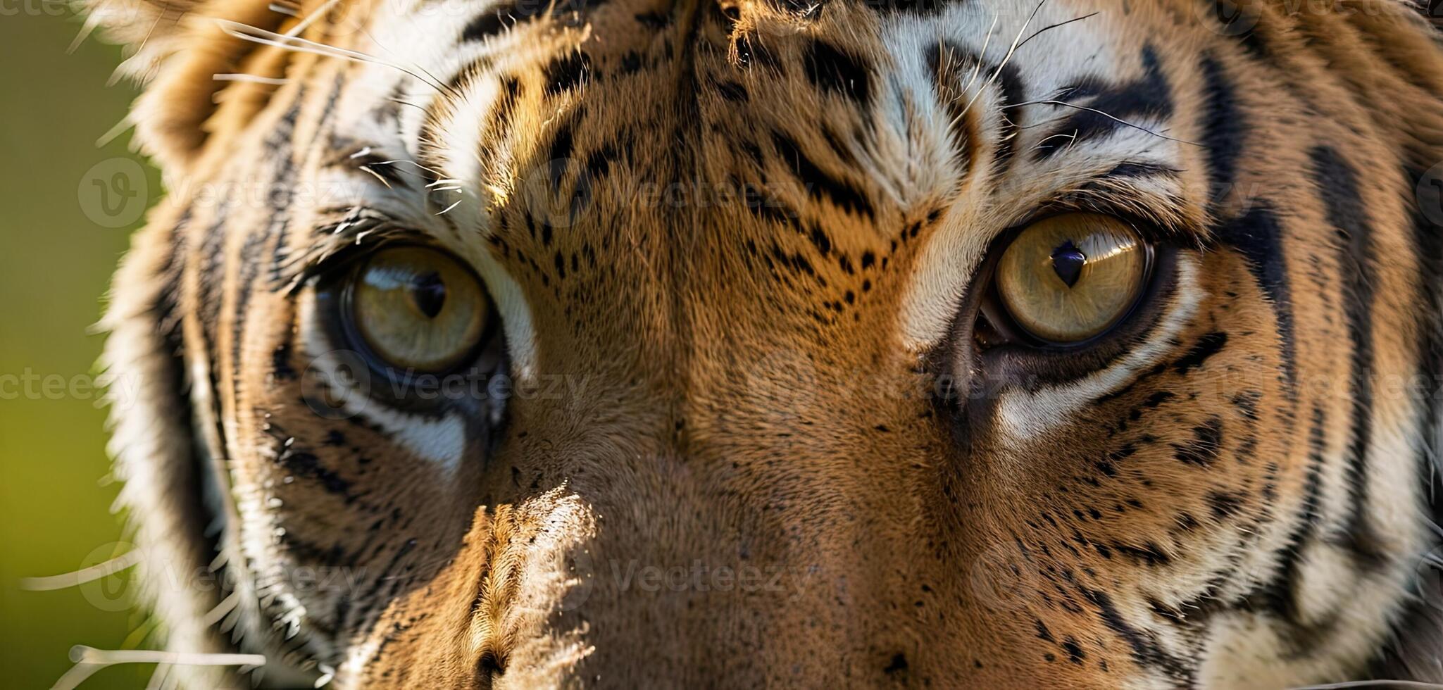 ai généré tigre visage fermer, Naturel habitat, lumière du jour. détaillé fourrure motifs, intense yeux visible, faune beauté photo
