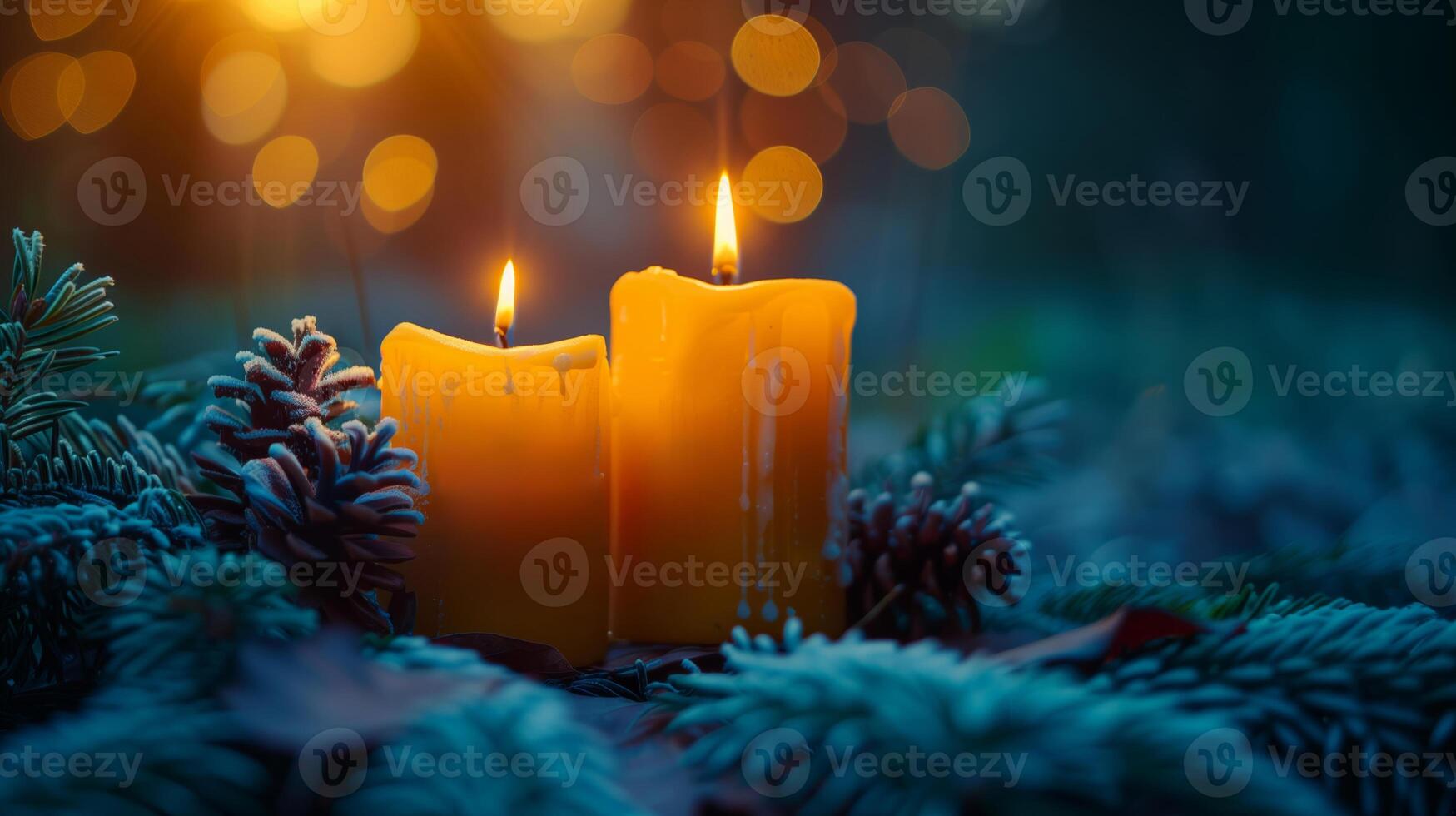 ai généré deux allumé Jaune bougies avec égouttage la cire niché parmi gel couvert pin cônes et à feuilles persistantes branches, convoyer une confortable, de fête ambiance suggestif de le Noël saison photo