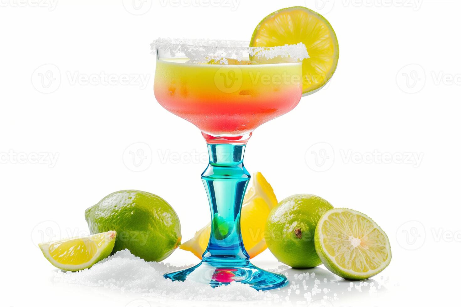 ai généré une coloré Margarita verre décoration avec citron vert et sel, isolé sur une blanc Contexte photo