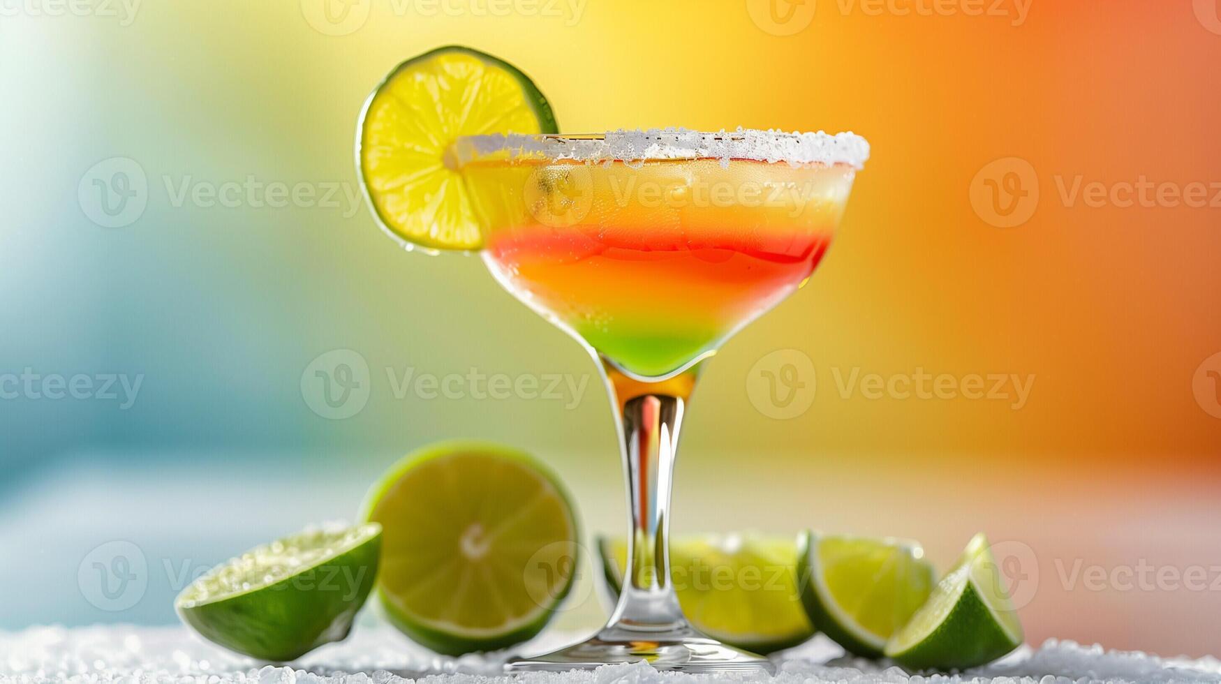 ai généré une coloré Margarita verre décoration avec citron vert et sel, isolé sur une blanc Contexte photo