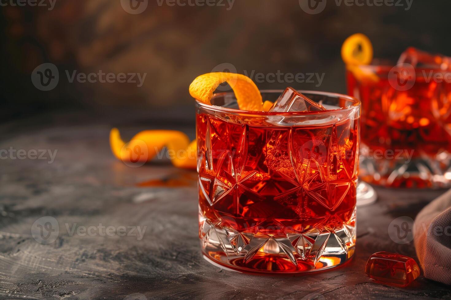 ai généré negroni cocktail servi dans élégant verrerie avec Orange peler garnir photo