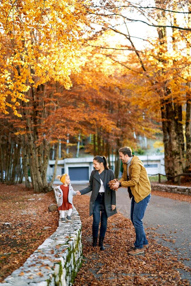 maman pistes une peu fille par le main le long de une pierre clôture dans le parc suivant à papa avec une poignée de déchue feuilles photo