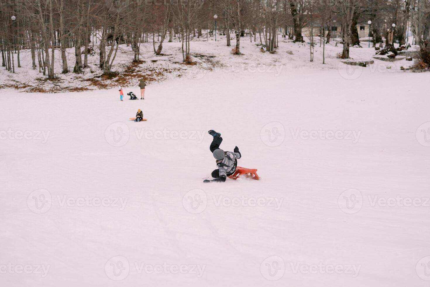 touristique chutes de le traîneau dans le neige, agitant le sien jambes. retour vue photo