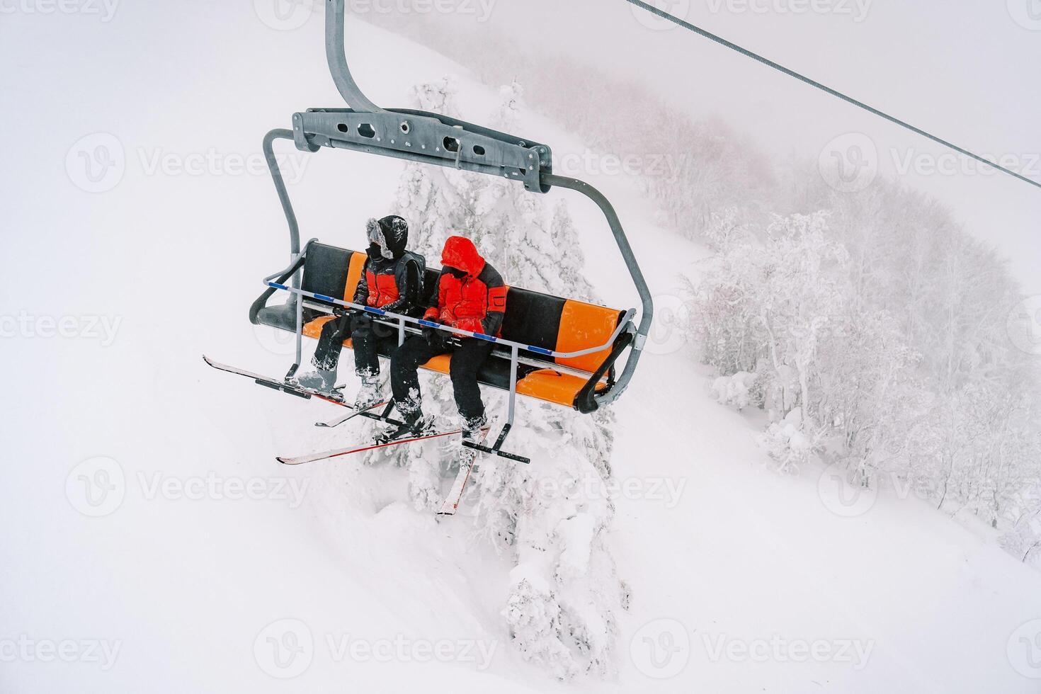 skieurs balade une télésiège en haut une brumeux Montagne au dessus une neigeux forêt photo