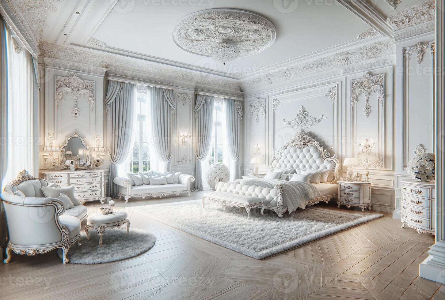 ai généré une grandiose et opulent chambre dans une luxe manoir, pleinement occupant le image Cadre avec ses somptueux conception. le pièce Caractéristiques une magnifique lit photo