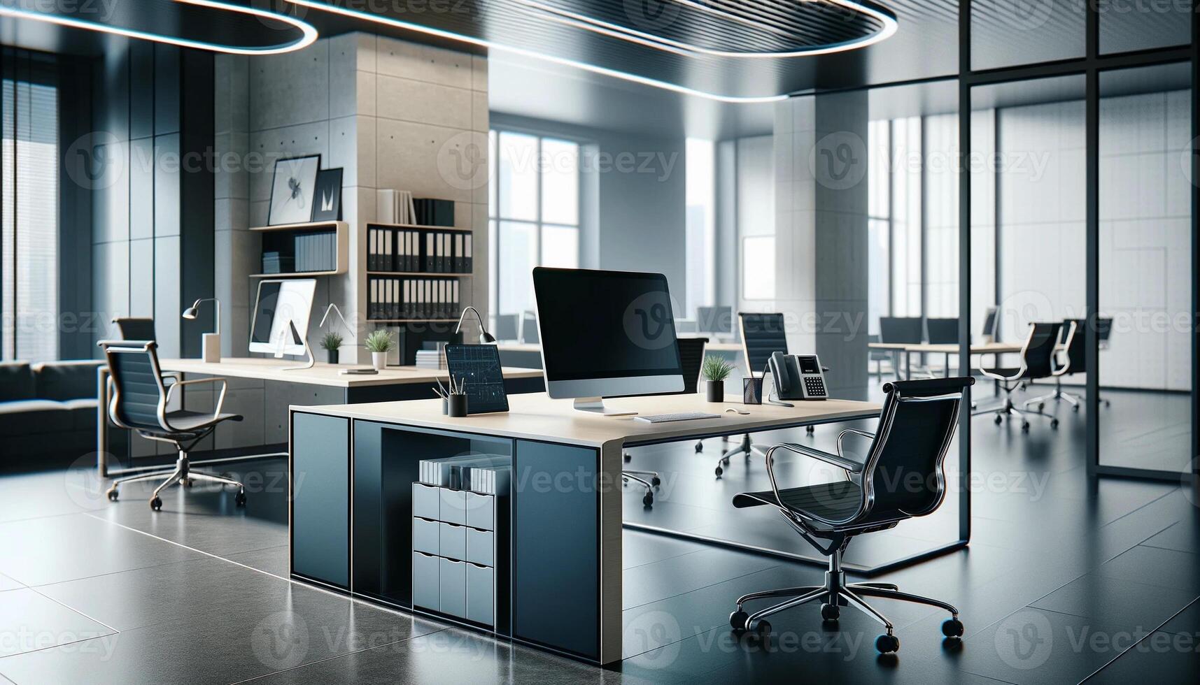 ai généré intérieur de une moderne bureau, avec une ordinateur sur une bureau. le scène devrait vitrine une lisse et professionnel Bureau photo