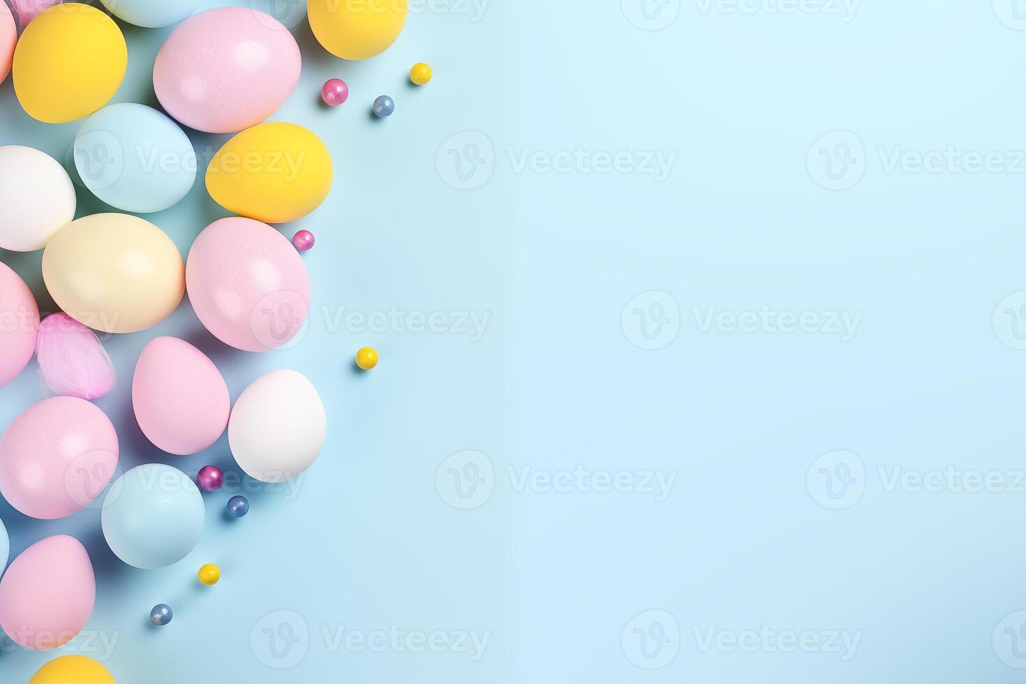 ai généré Pâques fête concept. Haut vue photo de Pâques lapin oreilles blanc rose bleu et Jaune des œufs sur isolé pastel bleu Contexte