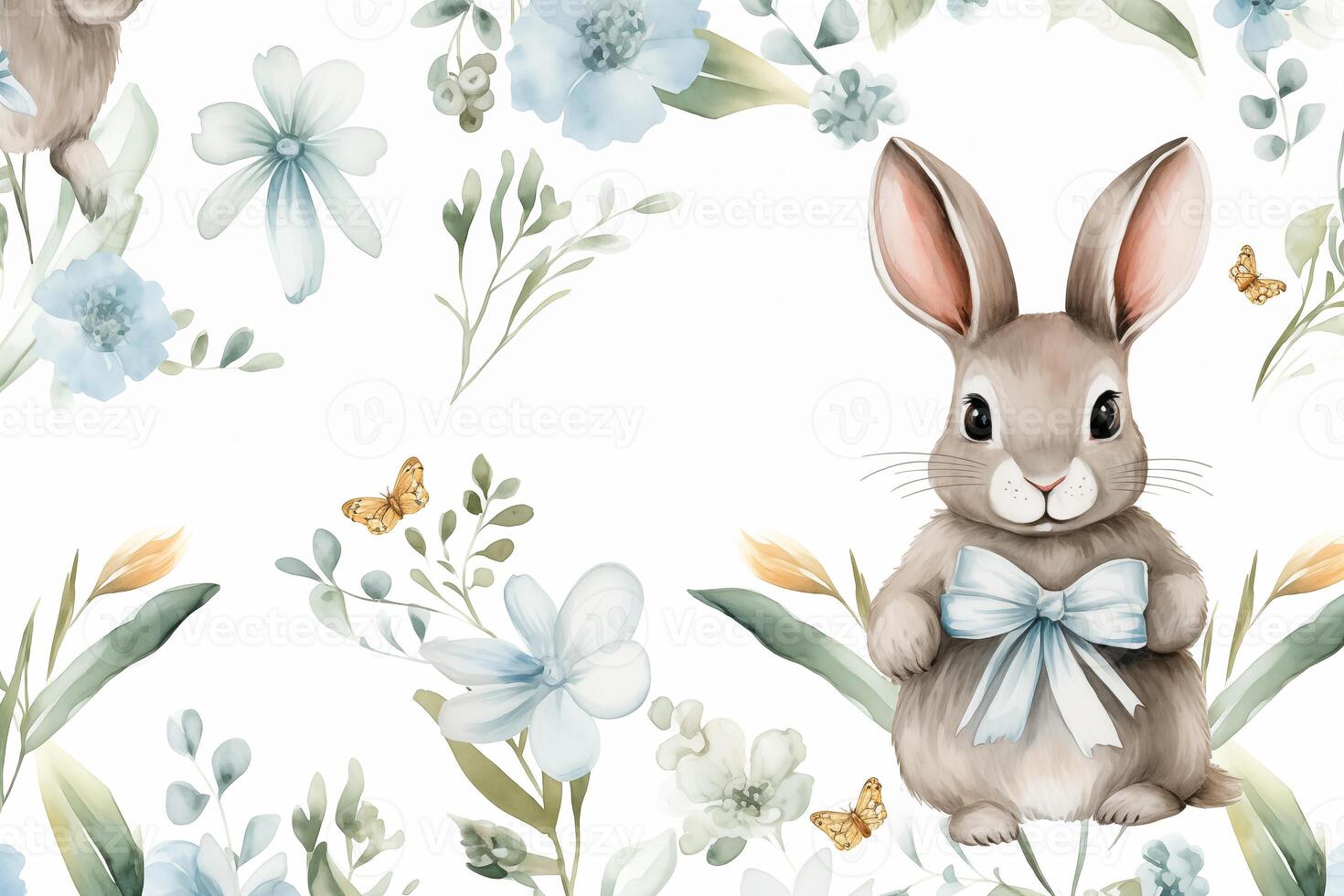 ai généré aquarelle sans couture Pâques modèle avec eucalyptus, fleurs, arc, lapins. isolé sur blanc Contexte. main tiré clipart. parfait pour carte, textile, Mots clés, invitation, impression photo