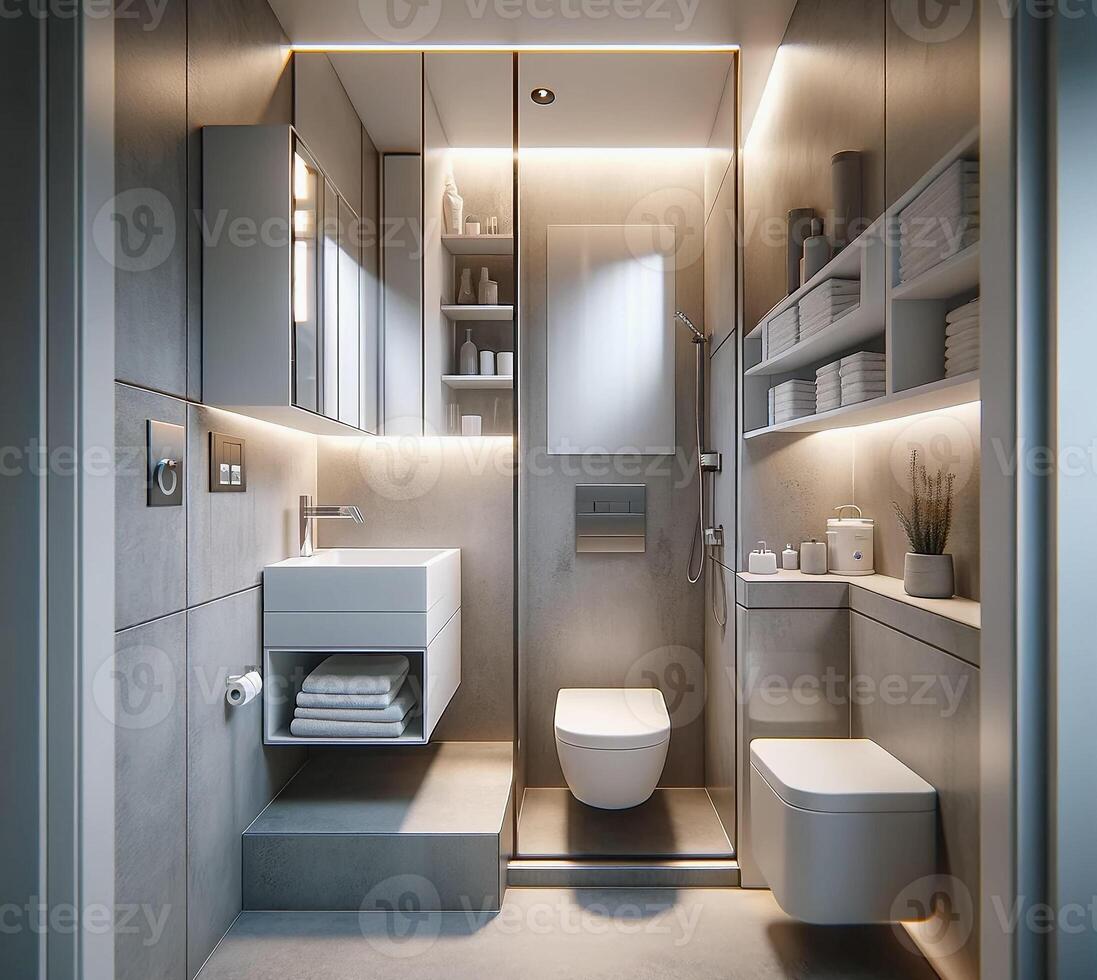 ai généré petit salle de bains espace avec une moderne style intérieur conception. le salle de bains, bien que compact, est efficacement et avec style photo