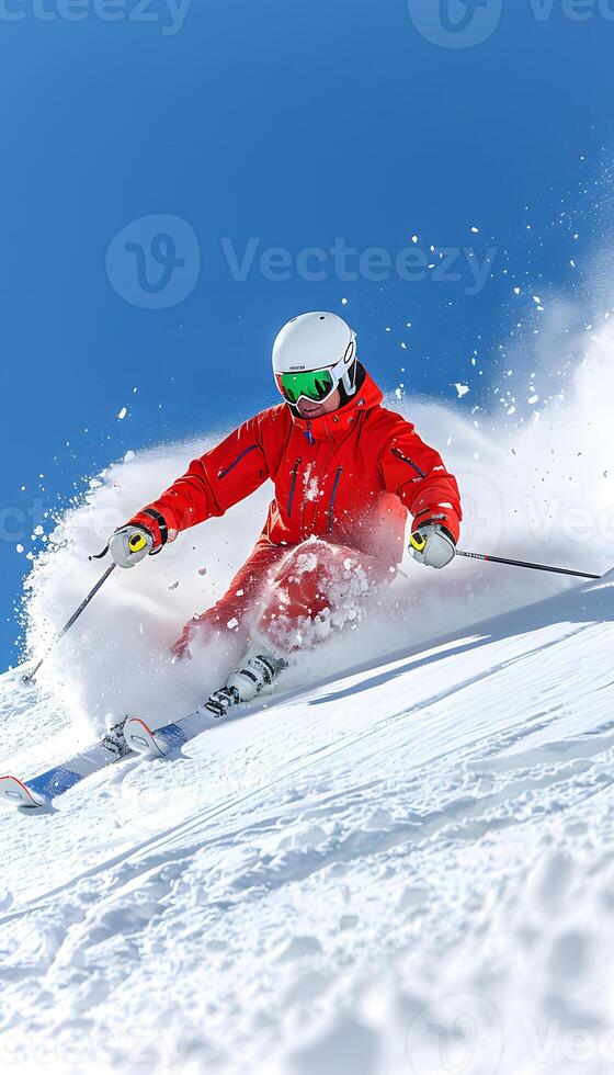 ai généré skieur dans rouge veste ski vers le bas neigeux pente avec casque et ski équipement photo