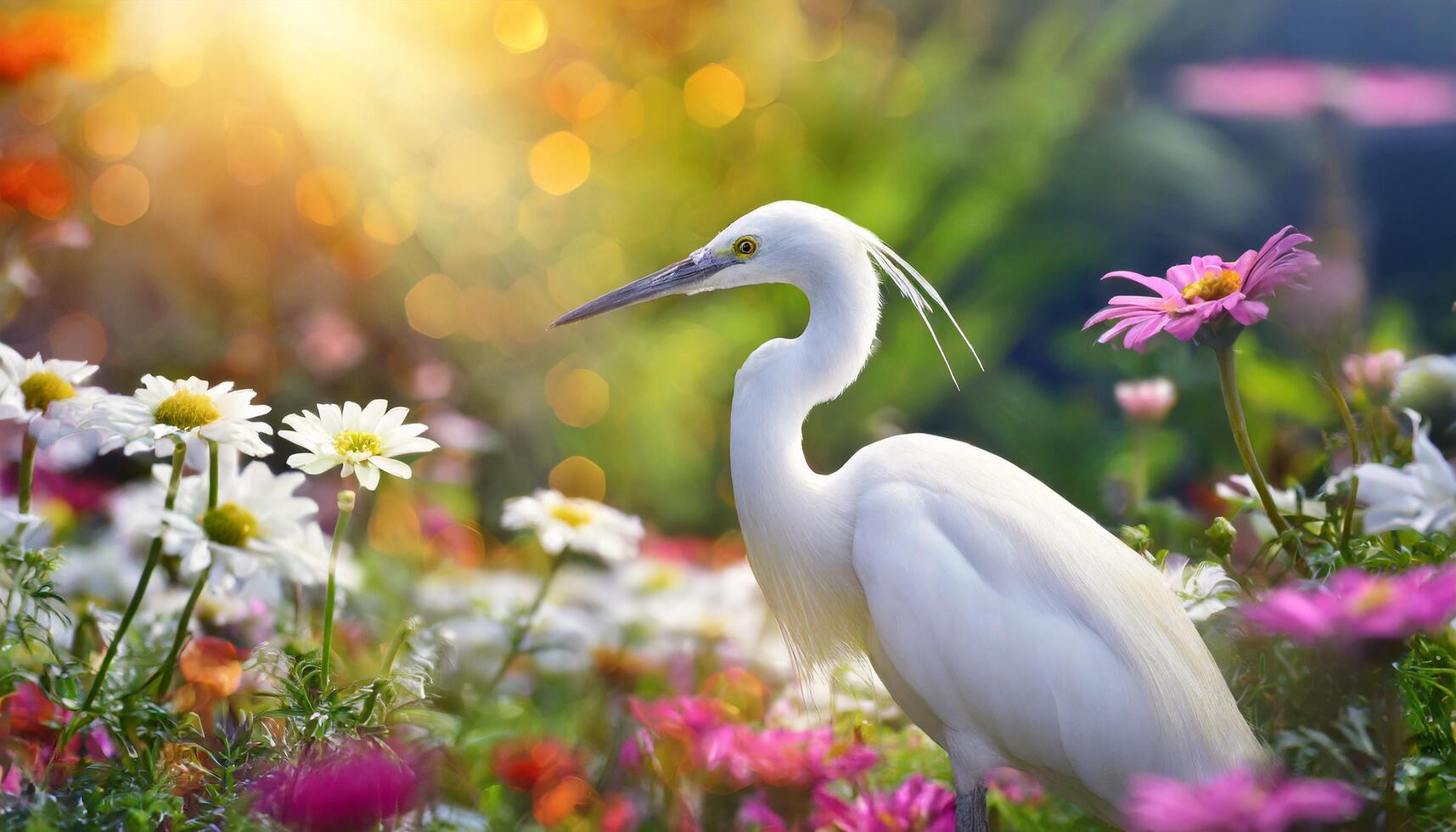 ai généré luciole gros blanc oiseau dans fleur jardin en dessous de Matin lumière du soleil photo