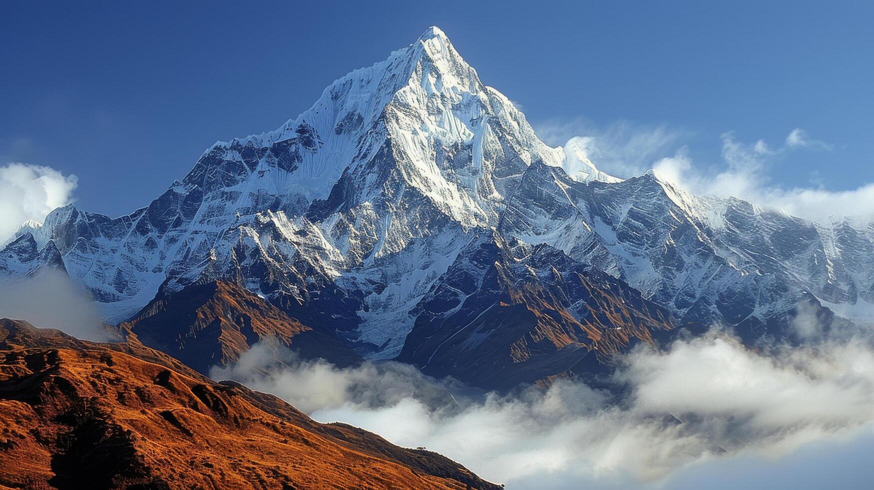 ai généré majestueux Montagne de pointe dans neigeux des nuages photo