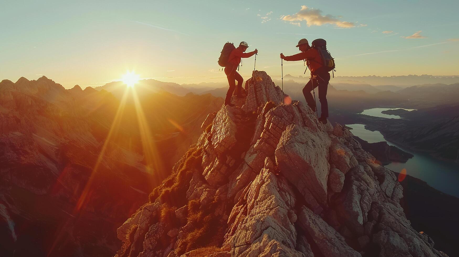 ai généré randonnée promeneur portion ami à atteindre Montagne Haut culminer. deux gens Faire travail en équipe et réalisation Succès avec magnifique paysage avec lever du soleil photo