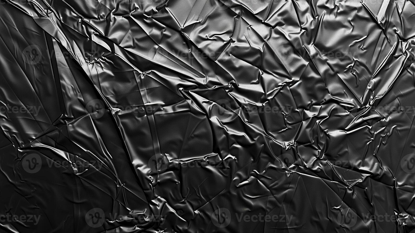 ai généré ridé Plastique emballage texture sur noir Contexte. déchets, transparent, texture, ride, effet, emballer, froisser photo