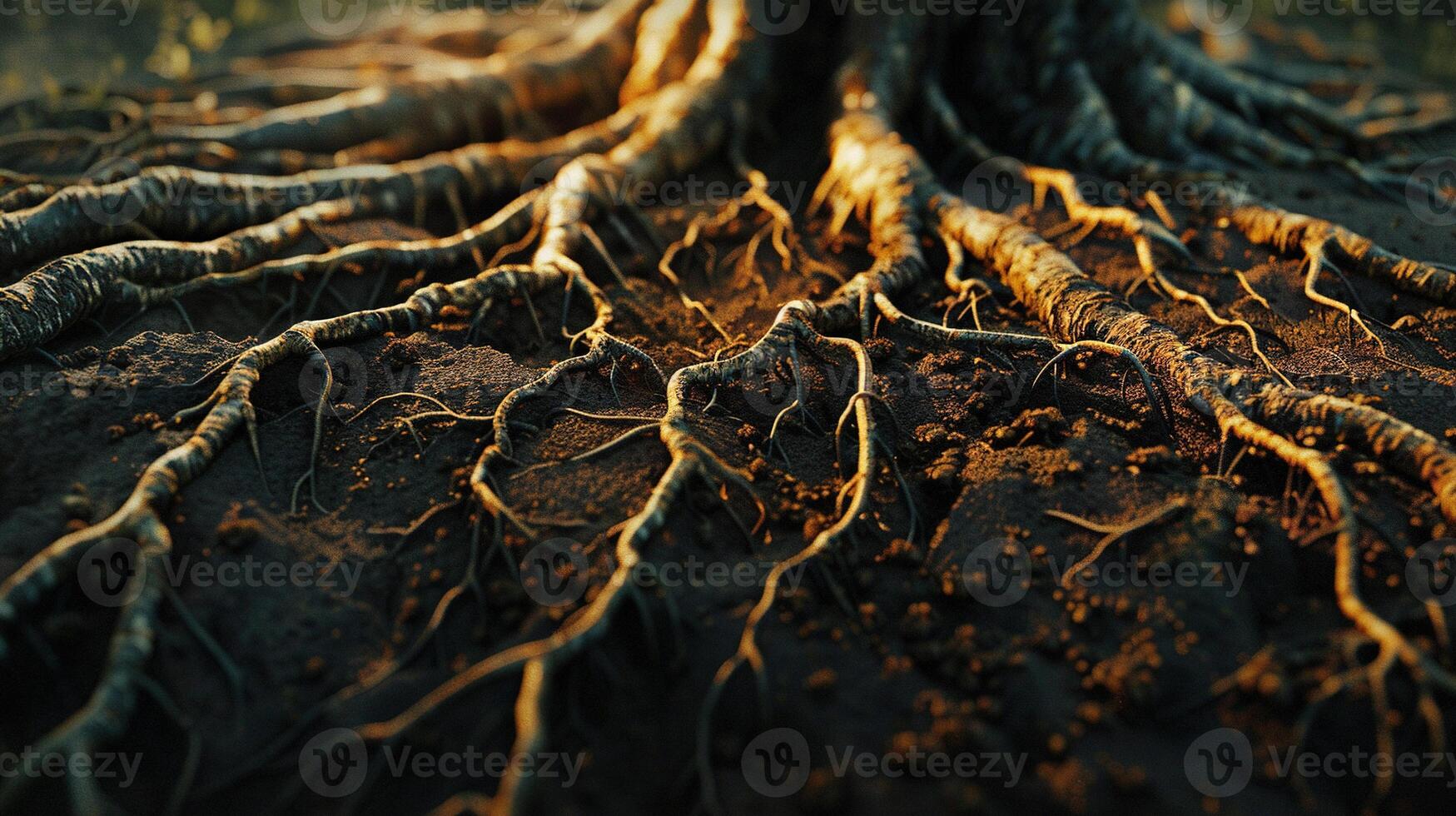 ai généré proche en haut de arbre les racines dans sol. couper, racine, brun, fermer, saleté, Terre, écologie, écologique, environnement, environnemental, le sol, nature, usine, surface, structure, croissance photo