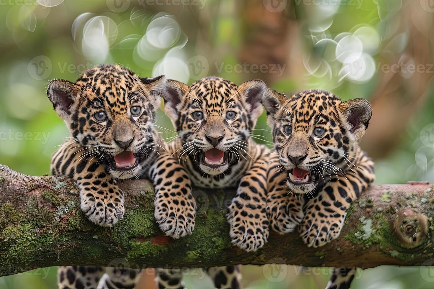ai généré jaguar bébé groupe de animaux pendaison en dehors sur une bifurquer, mignon, souriant, adorable photo