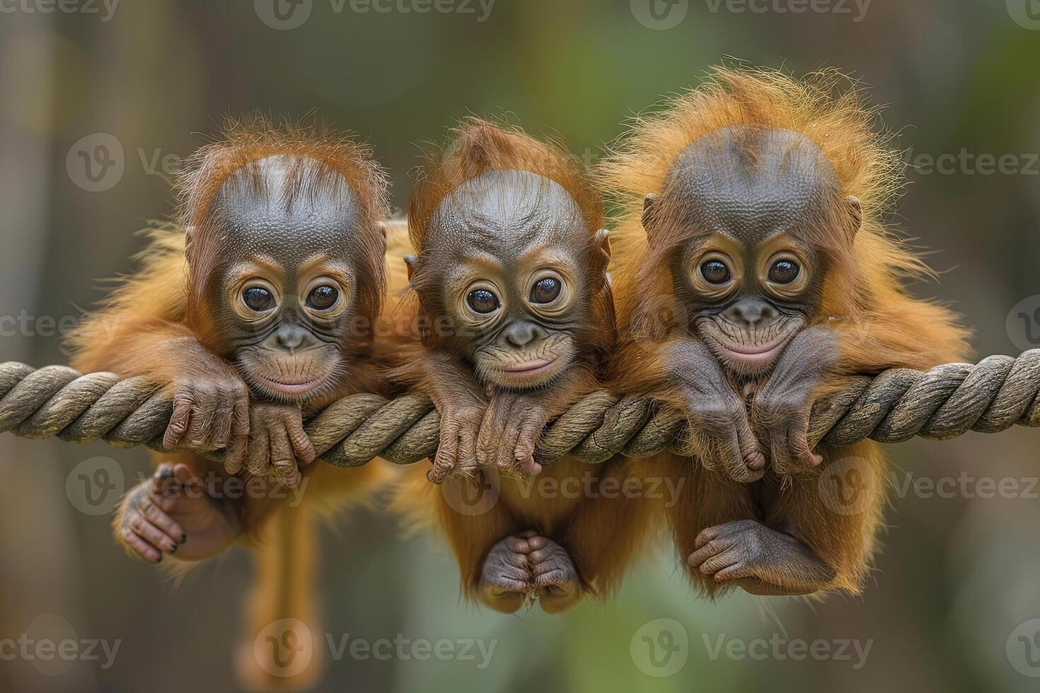 ai généré orang utan singe bébé groupe de animaux pendaison en dehors sur une bifurquer, mignon, souriant, adorable photo