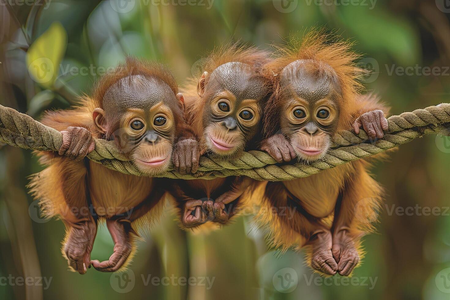 ai généré orang utan singe bébé groupe de animaux pendaison en dehors sur une bifurquer, mignon, souriant, adorable photo