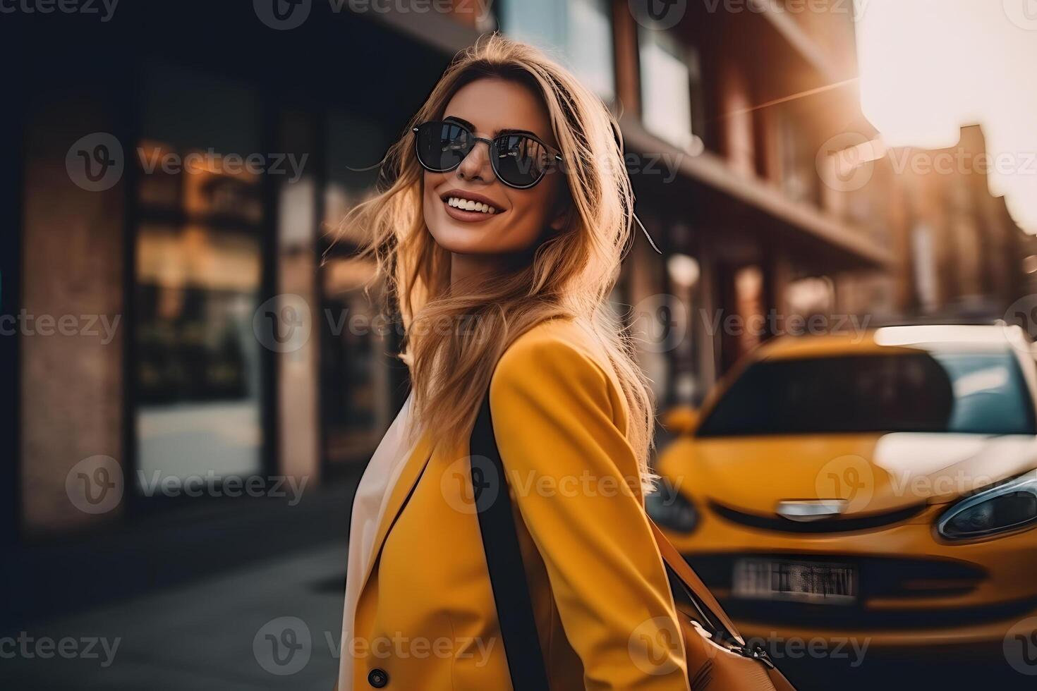 ai généré femme dans Jaune veste en marchant vers le bas rue photo