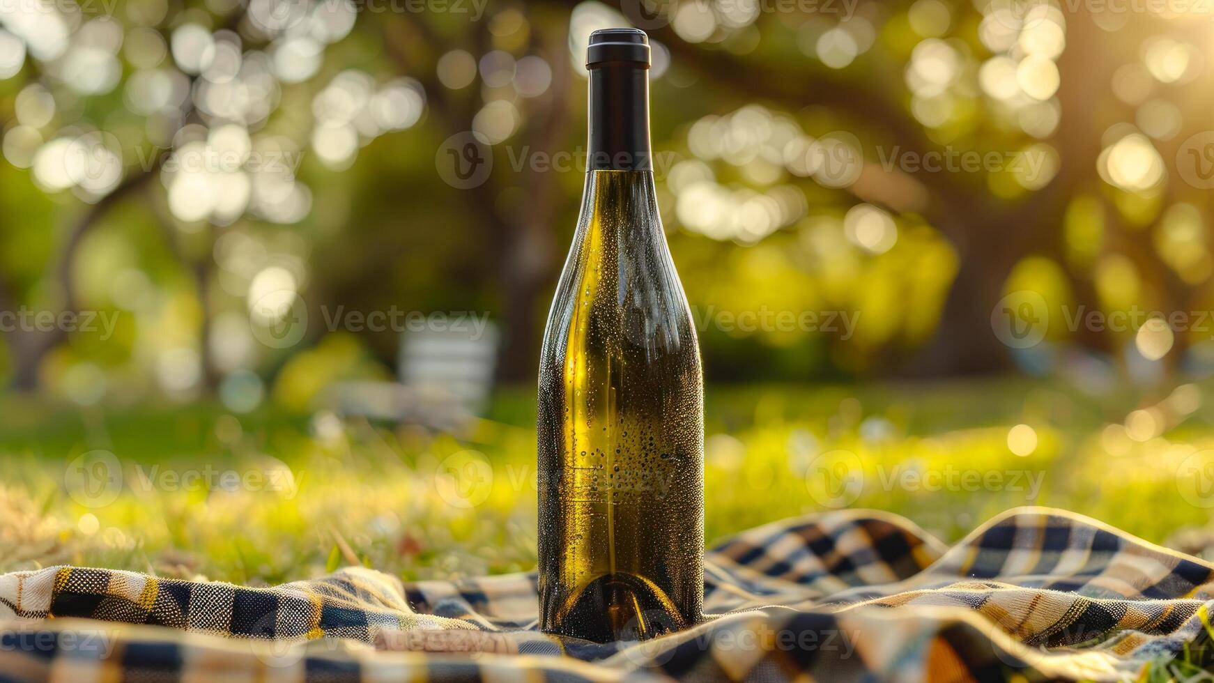 ai généré du vin bouteille sur pique-nique couverture à le coucher du soleil photo