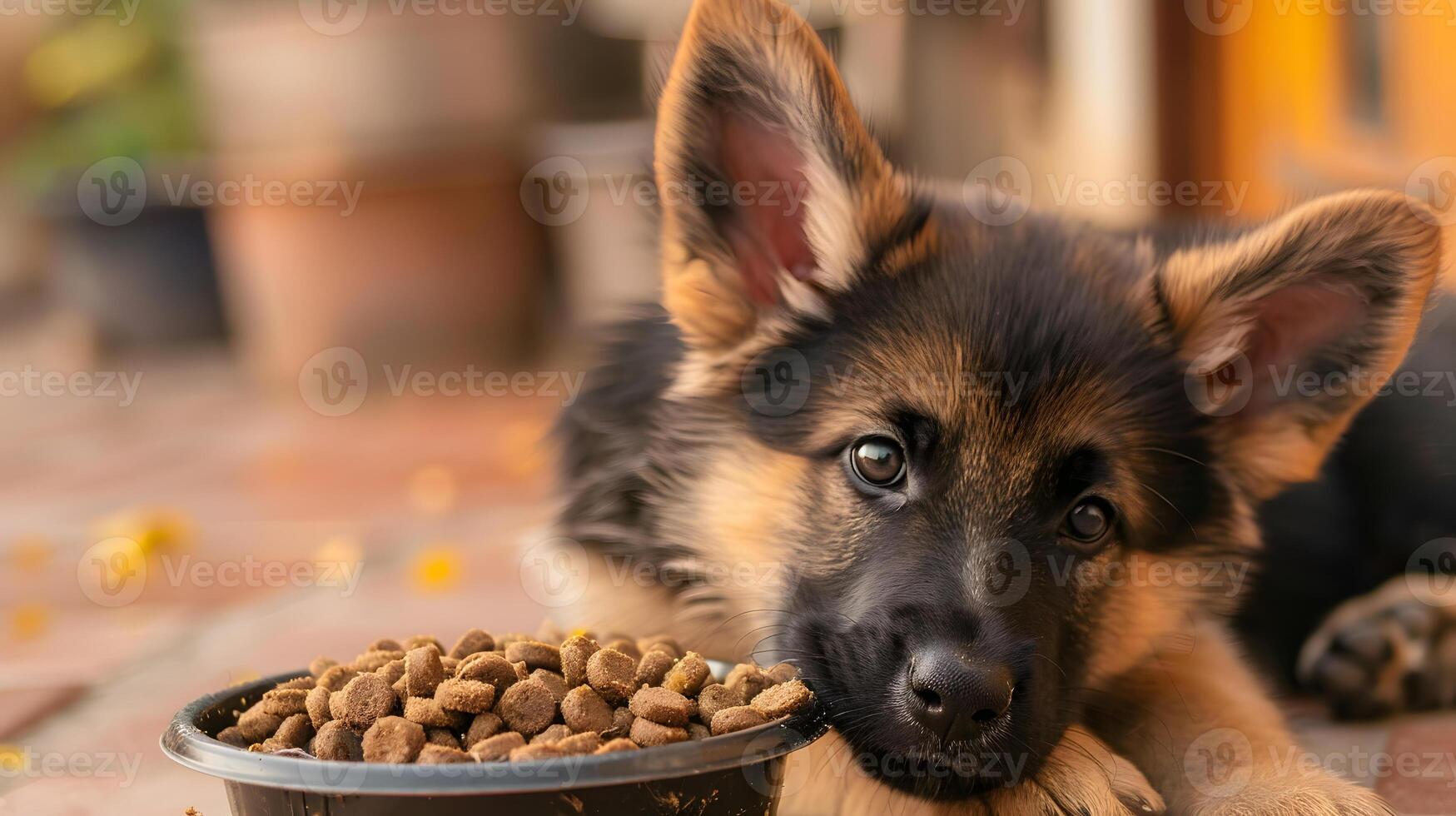 ai généré une petit mignonne berger chiot près une bol de aliments. ai généré photo