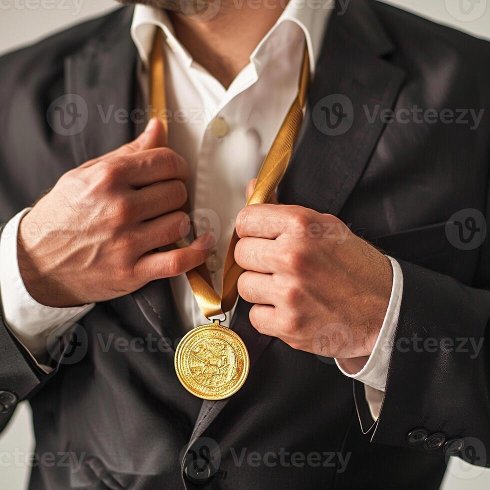 ai généré homme d'affaire en portant une or médaille dans noir costume. photo