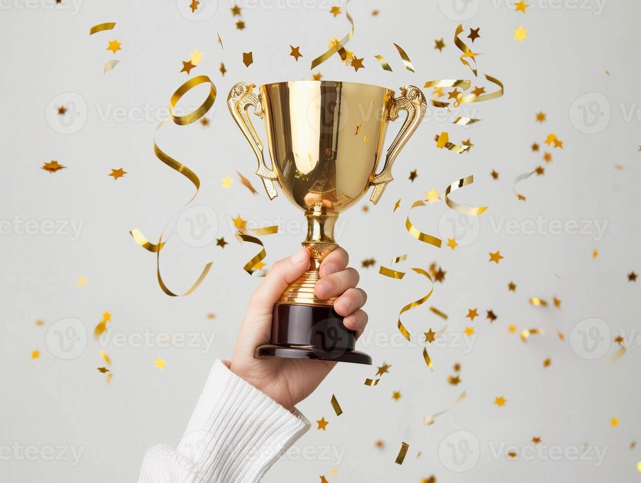 ai généré mains de affaires femme en portant et ascenseur une d'or trophée, alentours avec toutes nos félicitations confettis ruban flocons. photo