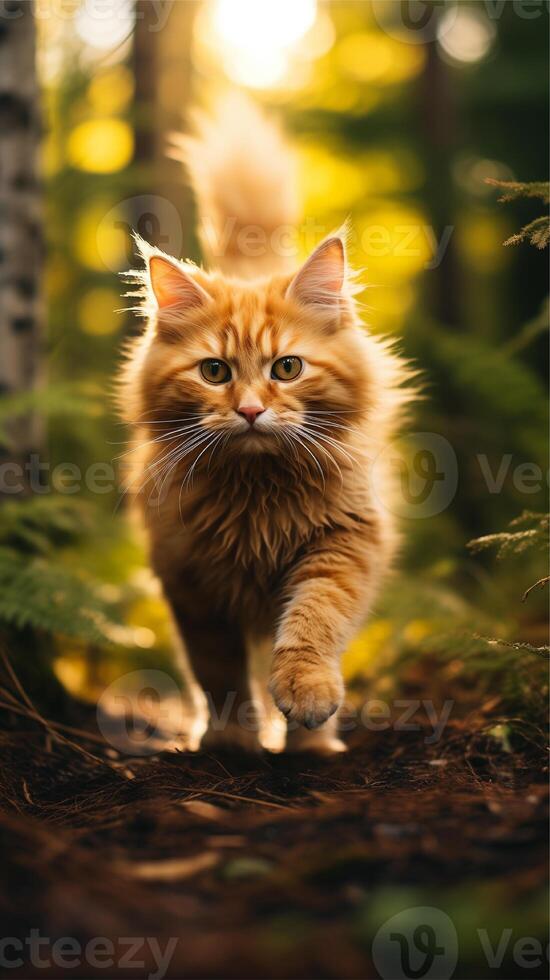 ai généré une chat en marchant par une forêt. ai généré image. pro photo