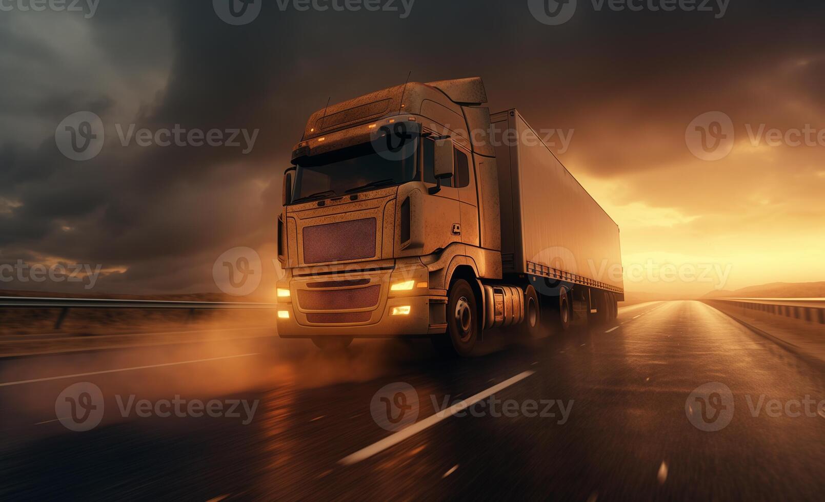 ai généré blanc un camion en mouvement sur le route dans une Naturel paysage à le coucher du soleil. génératif ai photo