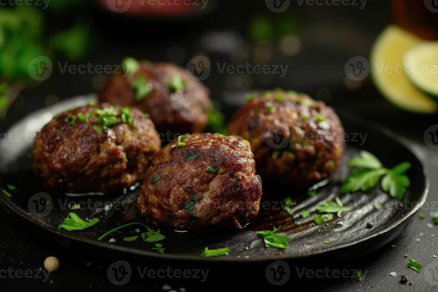 ai généré agneau kofta Boulettes de viande dans foncé cuisine Contexte ,koftas sont un Indien cuisine. génératif ai photo