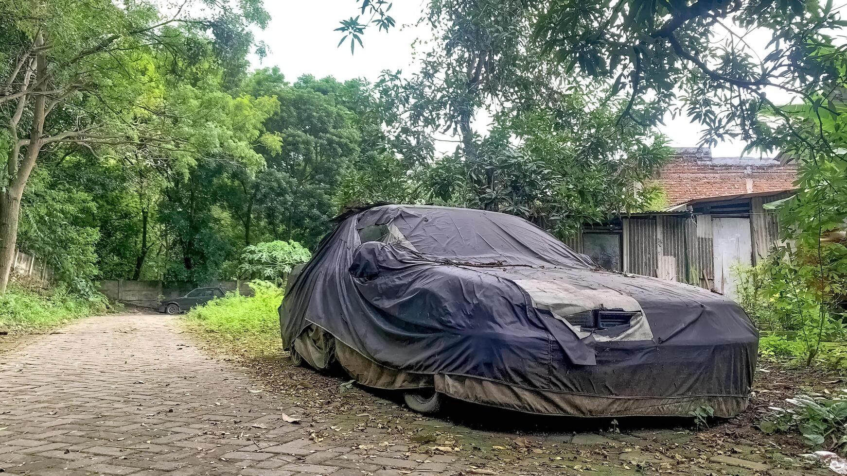 un vieux voiture couvert dans une couverture abandonné sur le côté de le route près le forêt photo