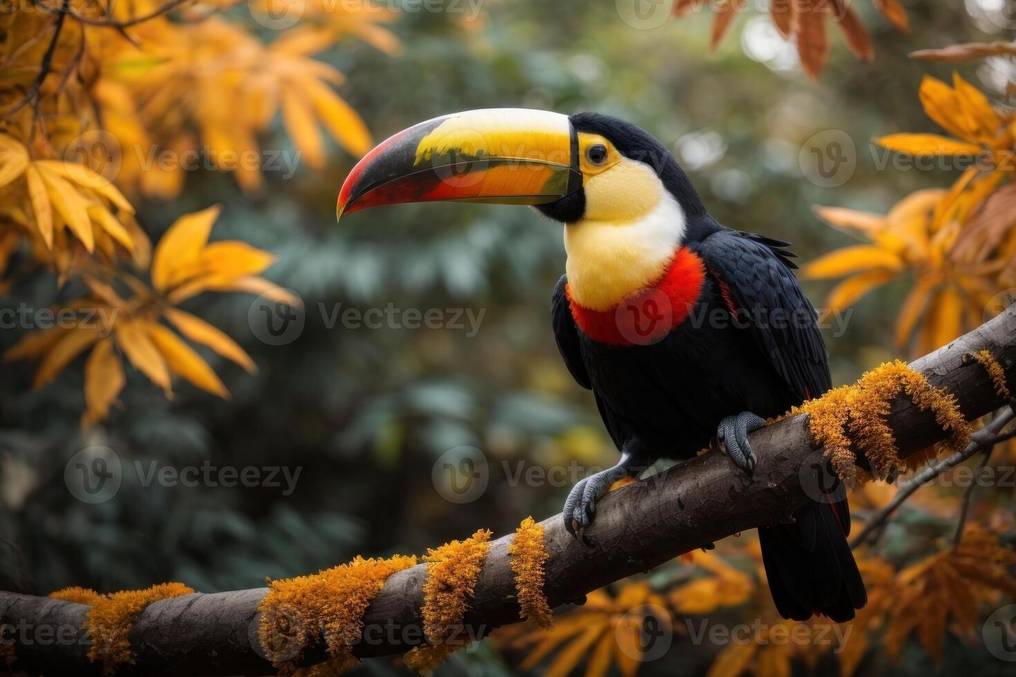 ai généré toucan sur branche dans foncé et Orange tons photo