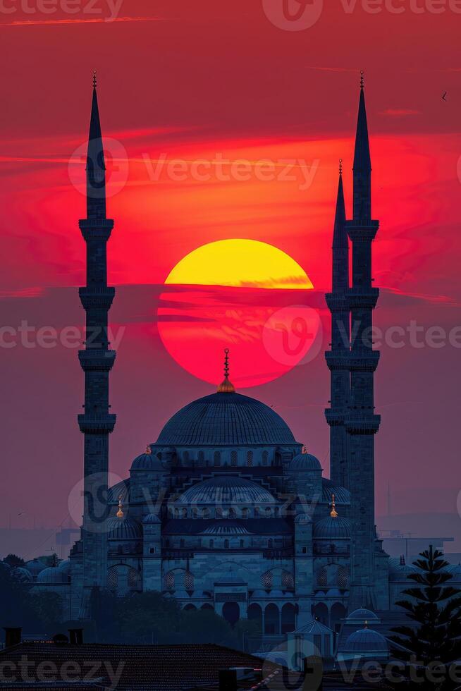 ai généré majestueux le coucher du soleil derrière mosquée minarets dans tranquille soir. photo