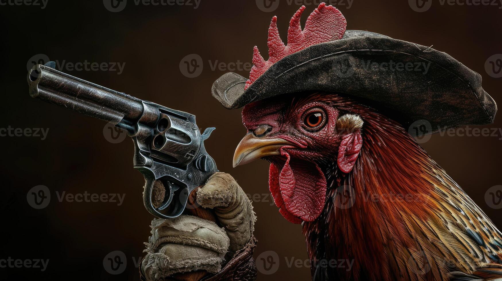 ai généré coq dans une élégant chapeau brandit une arme à feu en toute confiance, ai généré photo