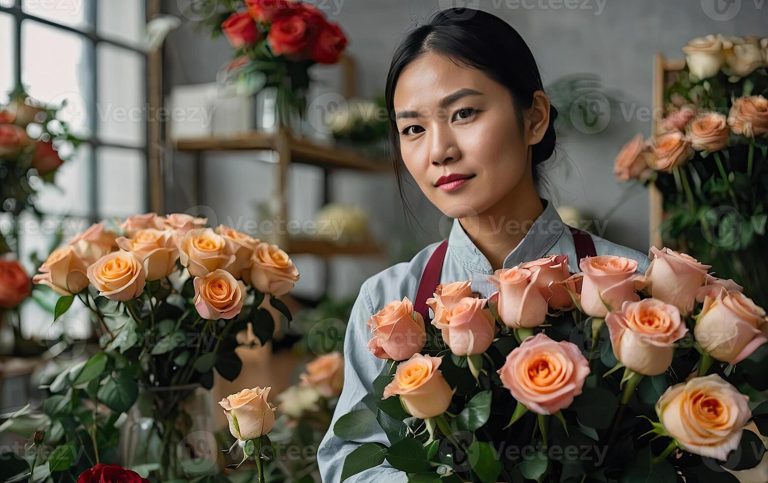 ai généré asiatique femme fleuriste recueille une bouquet de des roses- Frais Couper fleurs dans des boites et des vases dans fleur magasin et racks pour vente, livraison pour le vacances. printemps, Mars 8, aux femmes jour, anniversaire. photo