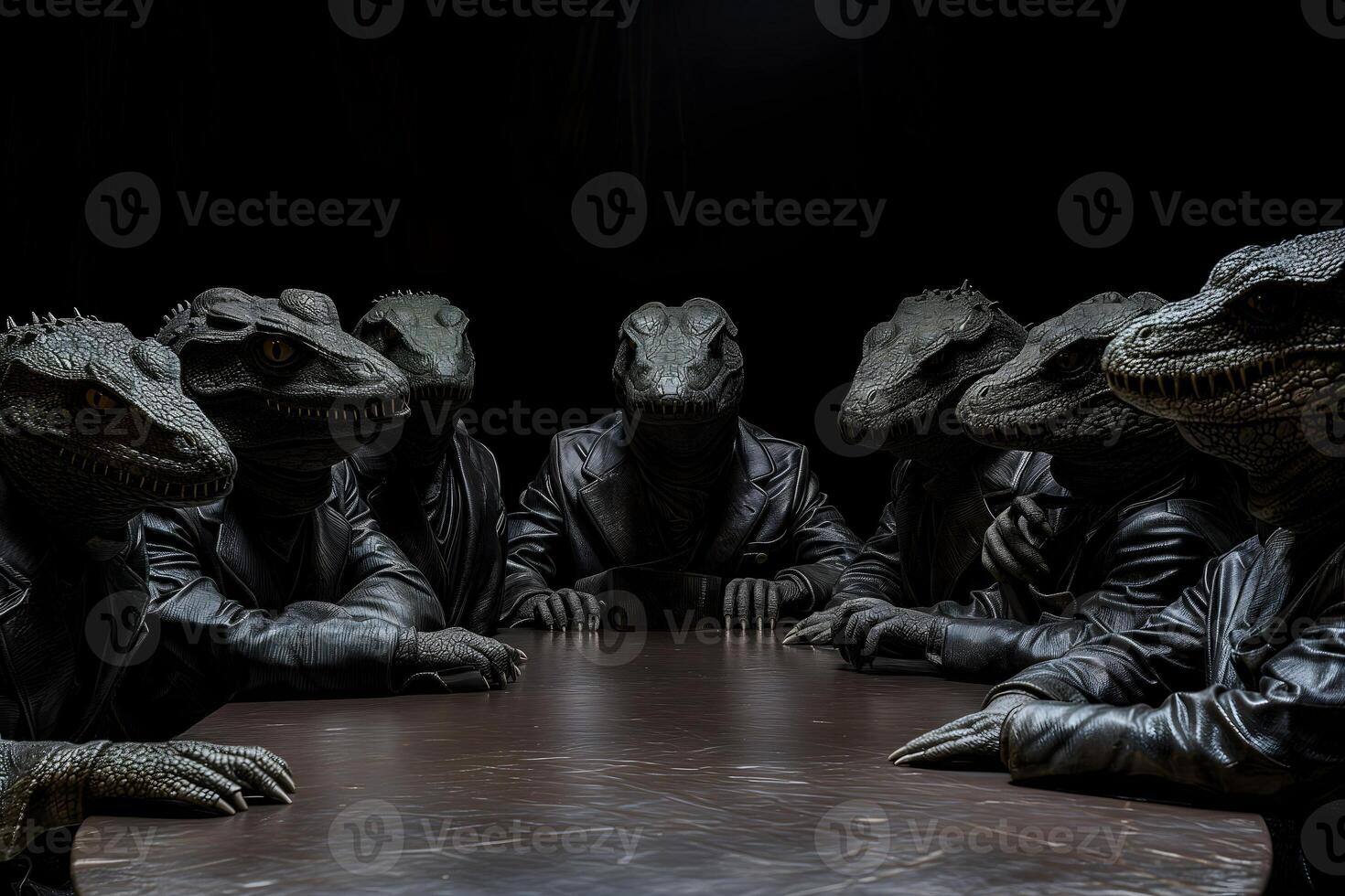 ai généré reptile Hommes dans affaires costume séance à le table dans foncé chambre, secret monde gouvernement concept photo