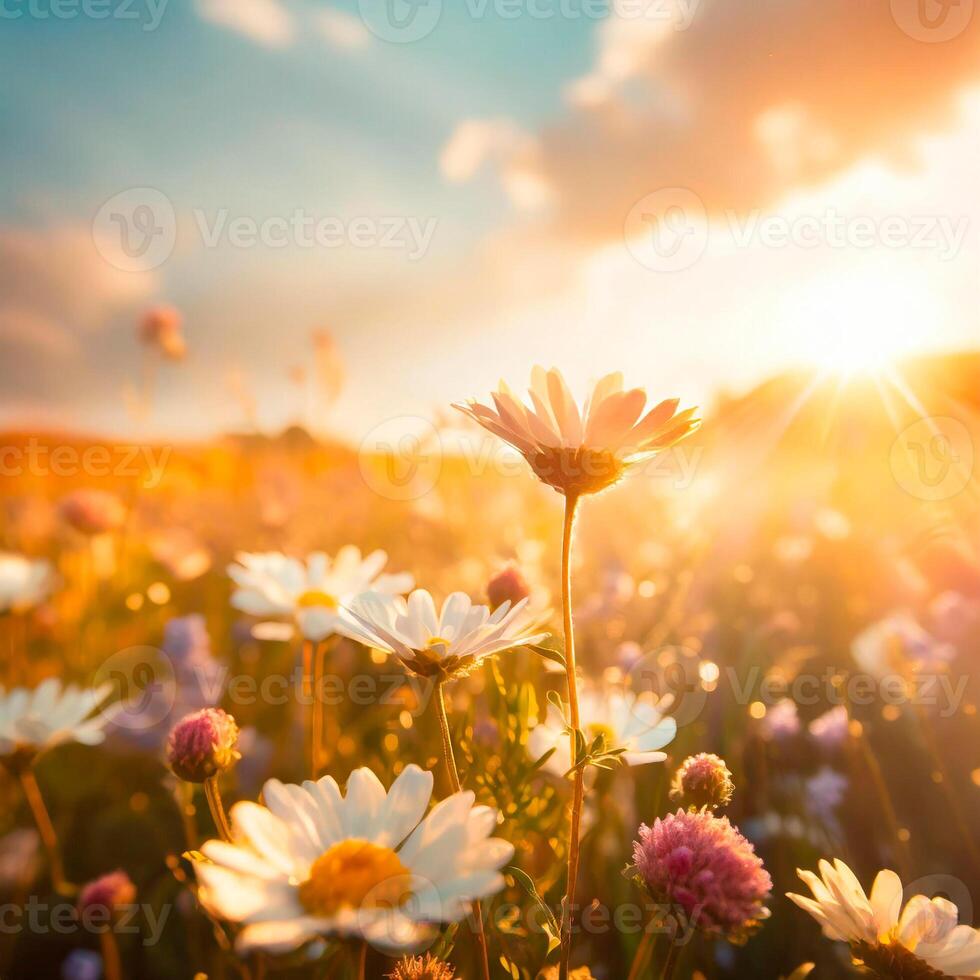 ai généré photo de une fleur champ avec une rempli de rayons de soleil ciel