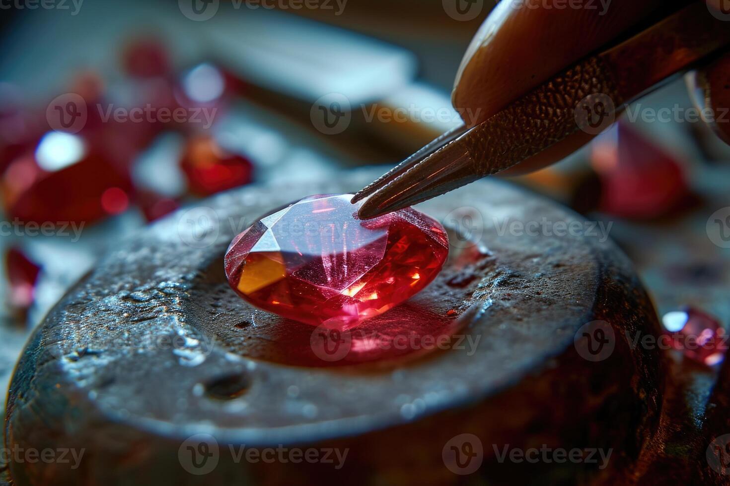 ai généré gemme spécialiste en cours d'analyse rouge rubis gemme avec pince à épiler photo