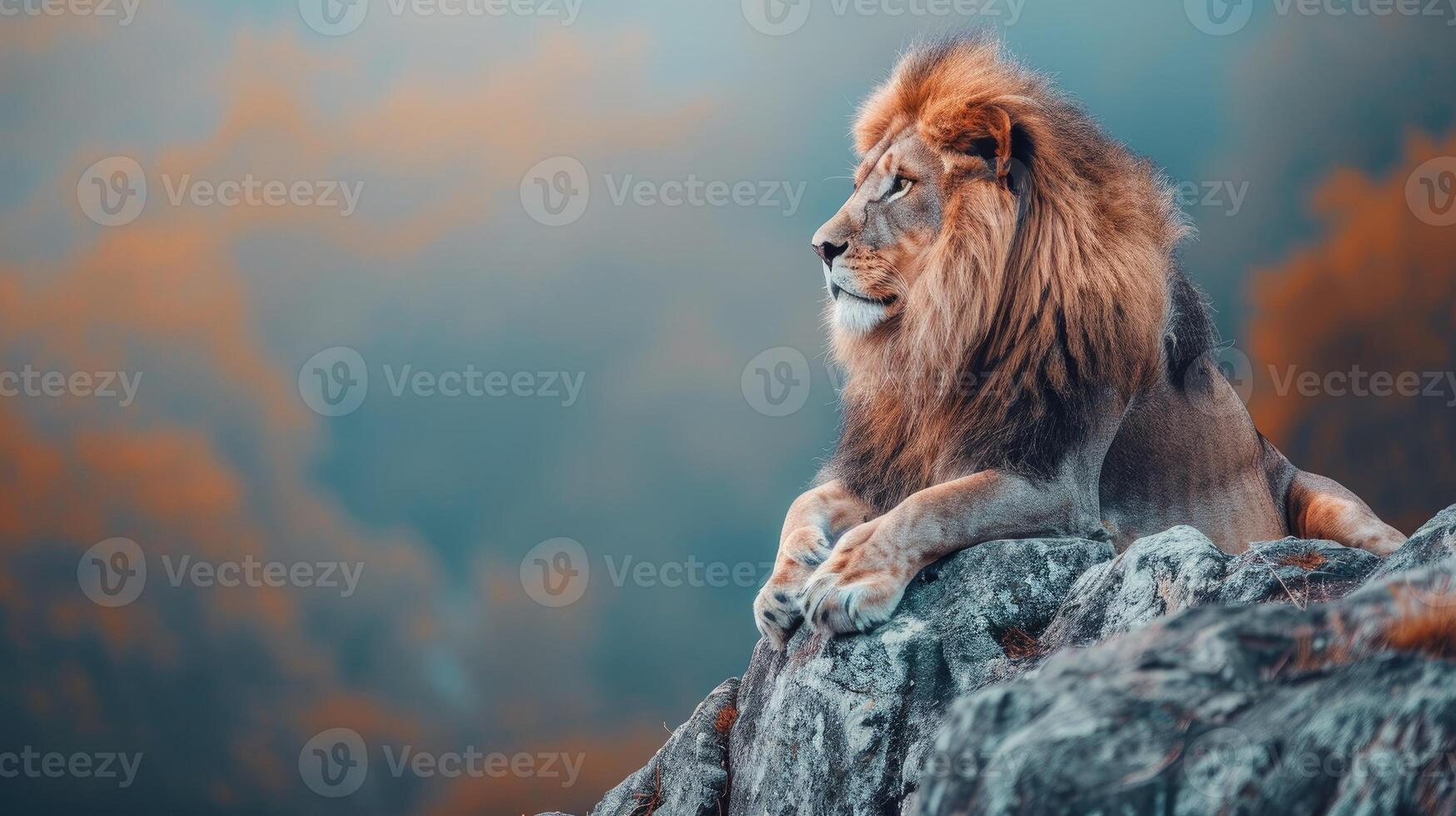 ai généré majestueux scène de une Masculin Lion assise un haut une rocheux perche, exsudant force et la régalité, ai généré. photo