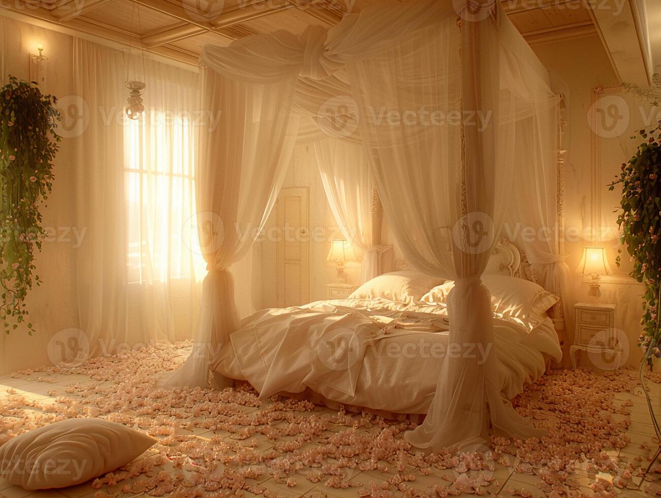 ai généré romantique chambre avec doux éclairage pur rideaux photo